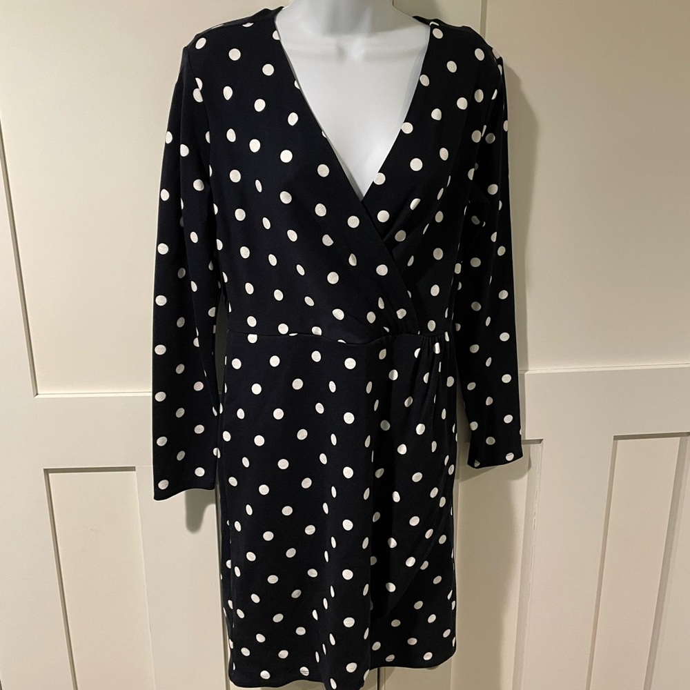 Navy Blue Polka Dot Faux Wrap Loft Dress NWT